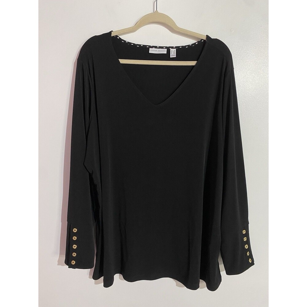 Susan Graver Top 2X Black Liquid Knit‎ Quite Luxury Office Old Money Polka Dot - Picture 2 of 12